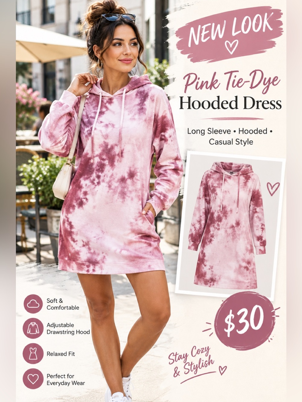Pink Tie-Dye Hooded Dress